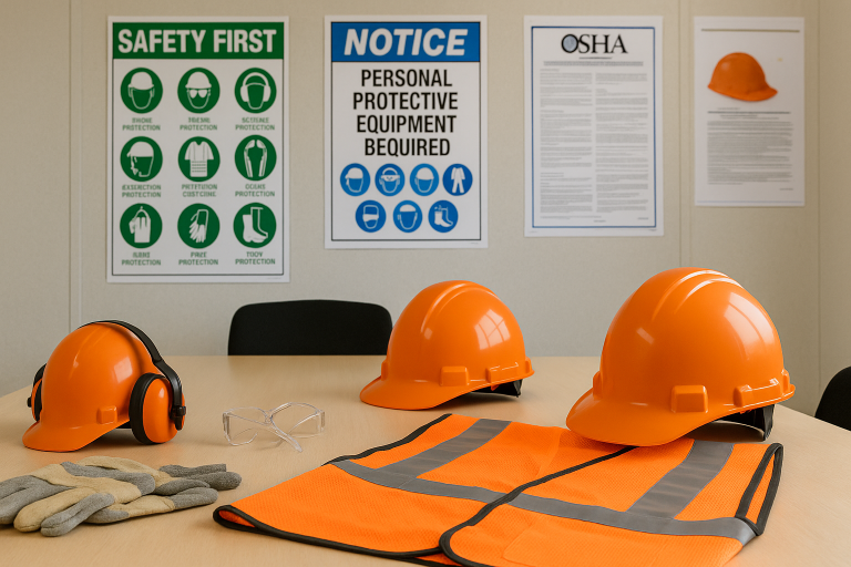 Construction worker properly fitted with orange PPE hard hat and fall protection harness demonstrating OSHA compliance