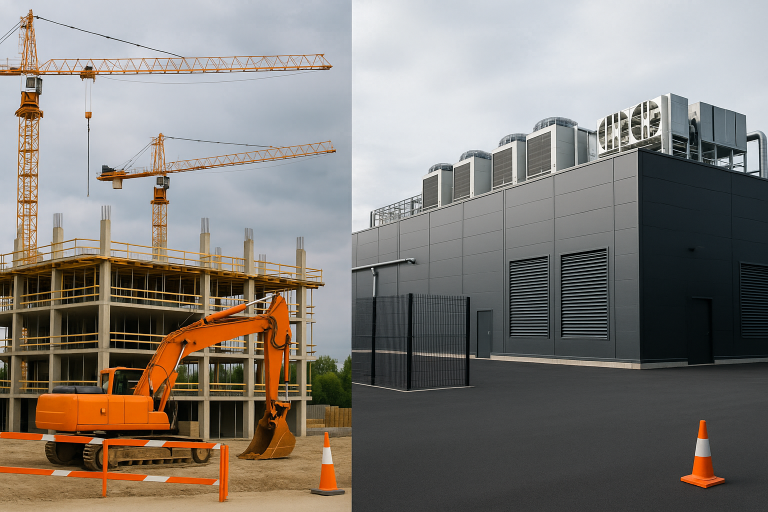 Split view of paused construction site with cranes and modern data center facility showing industry contrasts