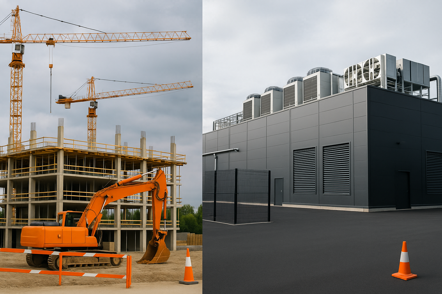 Split view of paused construction site with cranes and modern data center facility showing industry contrasts