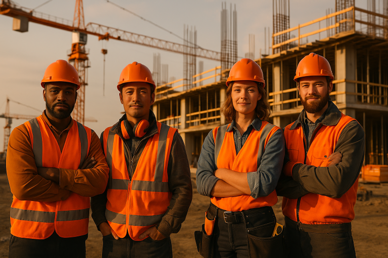 Diverse construction workers in orange hard hats and safety gear showing job stability and retention on construction site