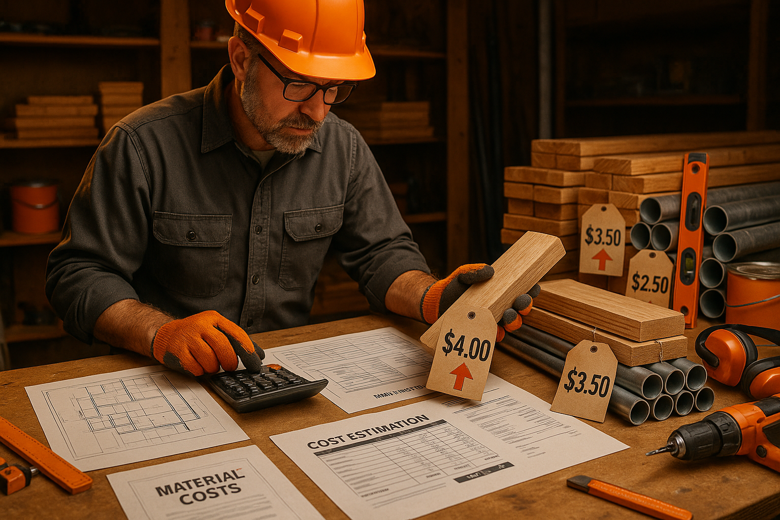 Renovation contractor in orange hard hat calculating rising material costs at workshop desk surrounded by lumber, pipes, and building supplies with price increase tags