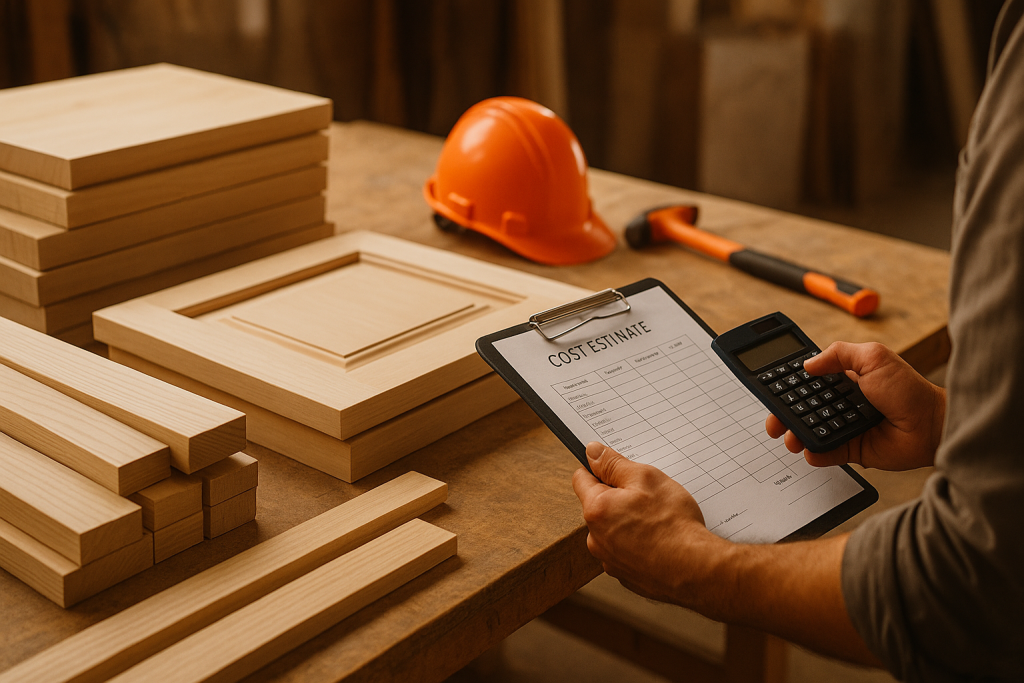 Contractor reviewing cost estimate on clipboard with calculator next to lumber boards and cabinet door with orange hard hat in workshop