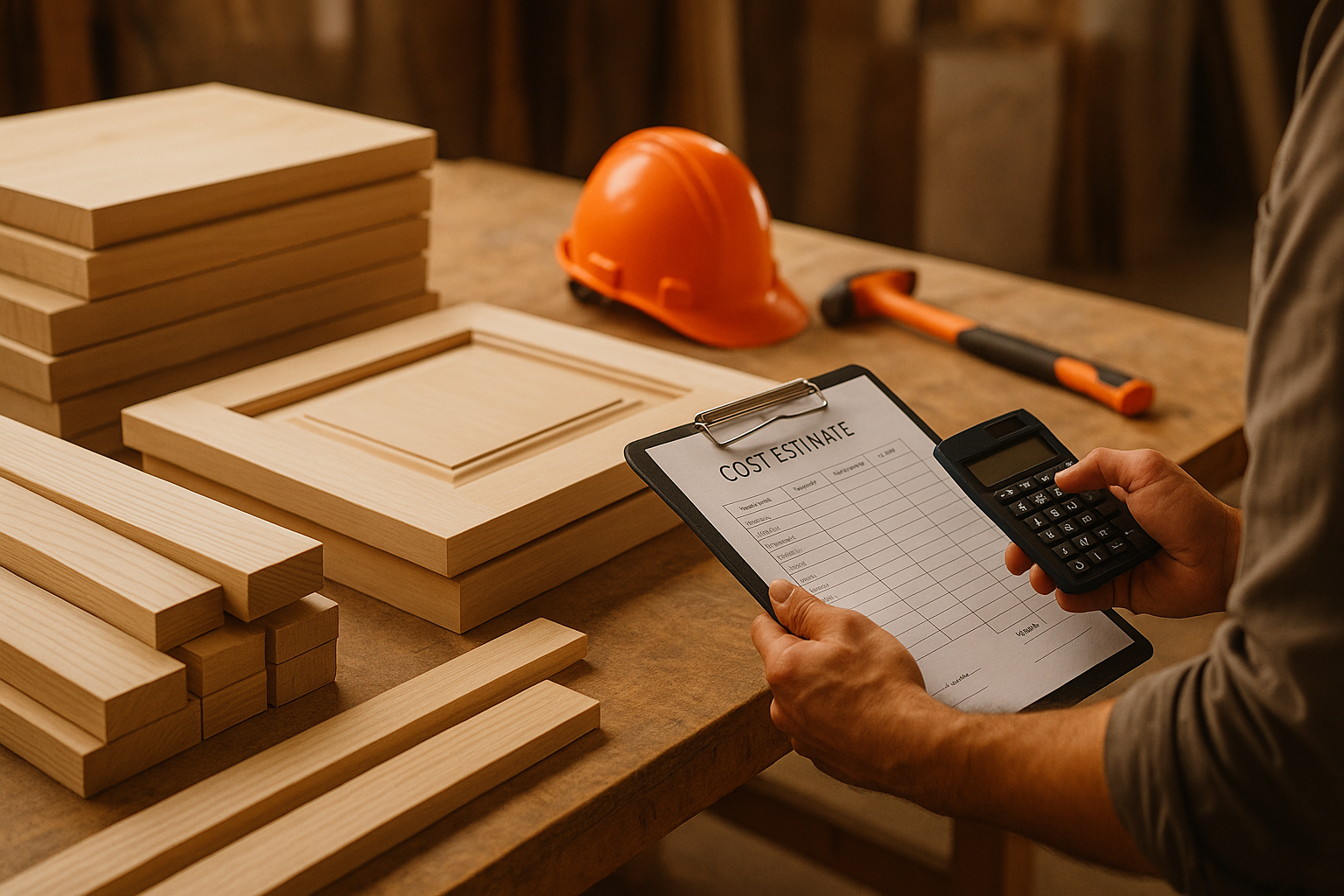 Contractor reviewing cost estimate on clipboard with calculator next to lumber boards and cabinet door with orange hard hat in workshop