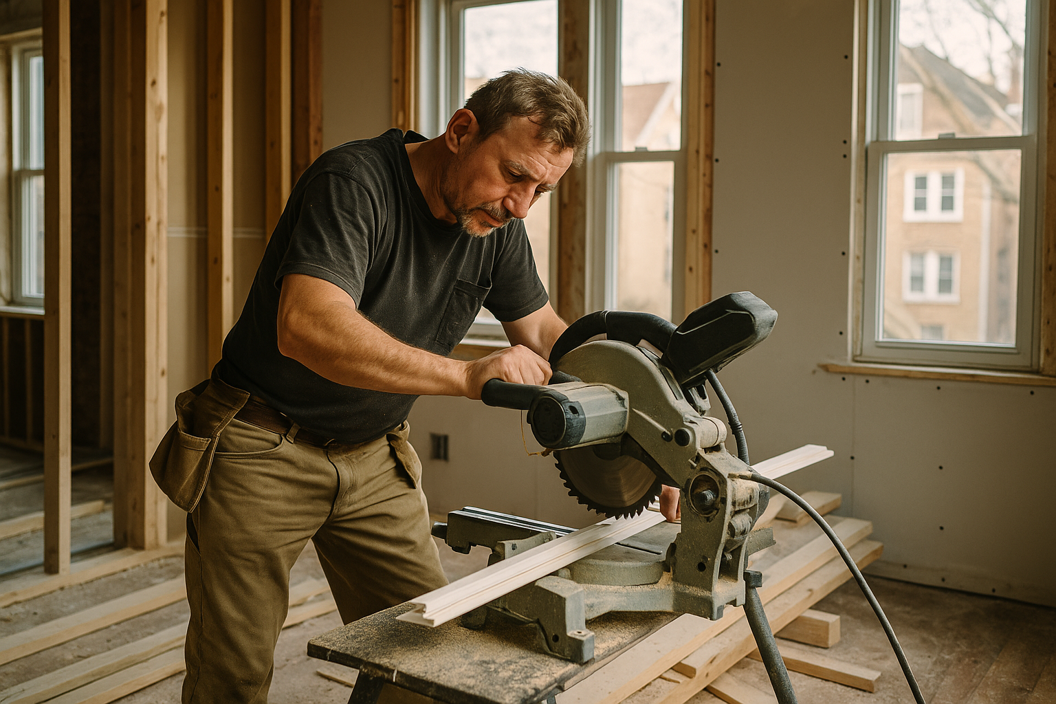 Skilled carpenter using miter saw for precision trim work on residential renovation project in Chicago, showing craftsmanship and expertise valued in tight labor market