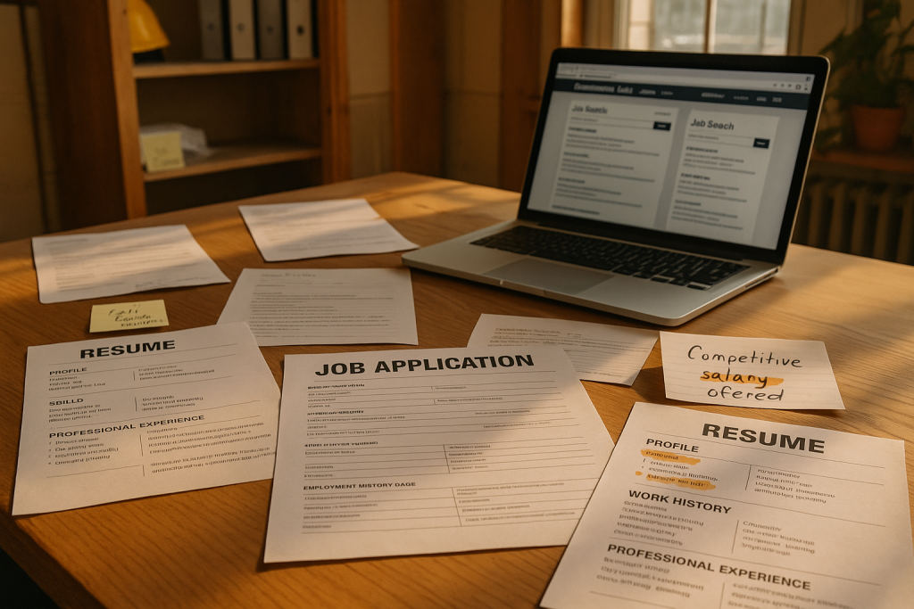 Small contractor office desk with job applications, resumes, and hiring documents showing talent recruitment strategies for general contractors competing in the labor market
