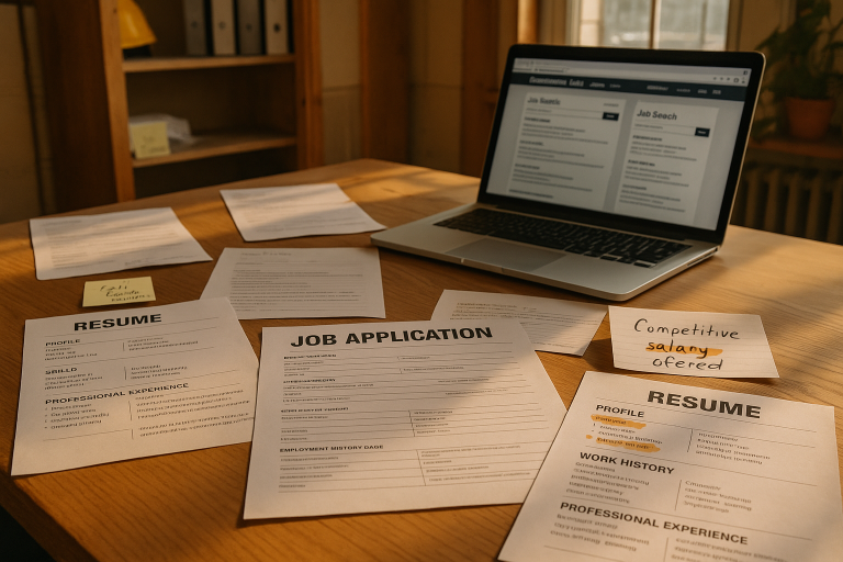 Small contractor office desk with job applications, resumes, and hiring documents showing talent recruitment strategies for general contractors competing in the labor market