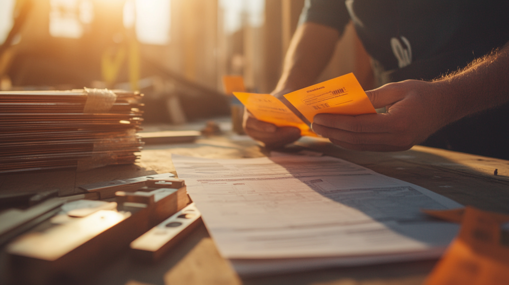 Contractor's hands holding orange pricing documents while reviewing material cost invoices with construction materials and blueprints on work table