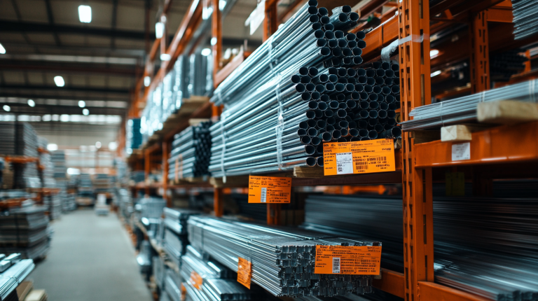 Industrial warehouse showing stacks of steel piping and metal materials with orange pricing tags on shelving racks
