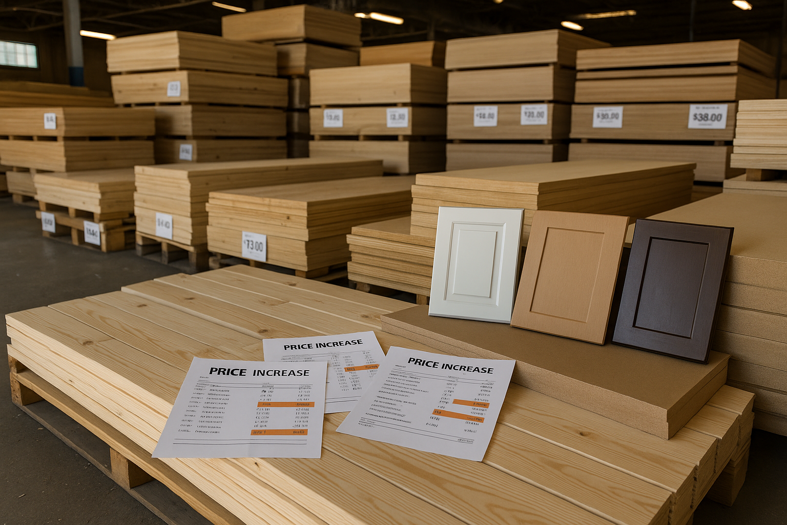 Lumber warehouse showing stacks of wood materials and cabinet samples with price increase notices highlighting tariff impacts on construction costs