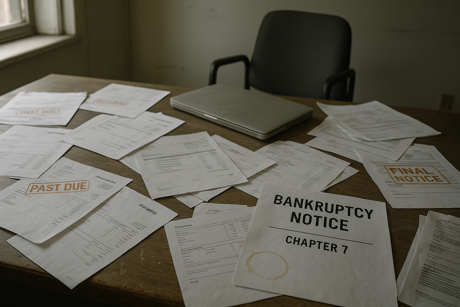 Abandoned contractor office desk with bankruptcy notice and past due invoices showing business failure