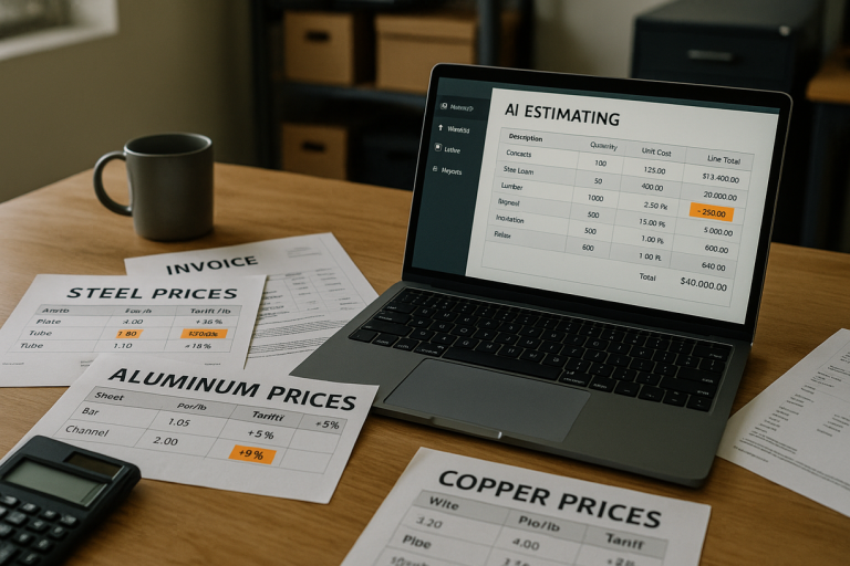 A contractor's desk with a laptop showing AI estimating software next to material price sheets for steel, aluminum, and copper, with tariff-related price increases highlighted in orange.