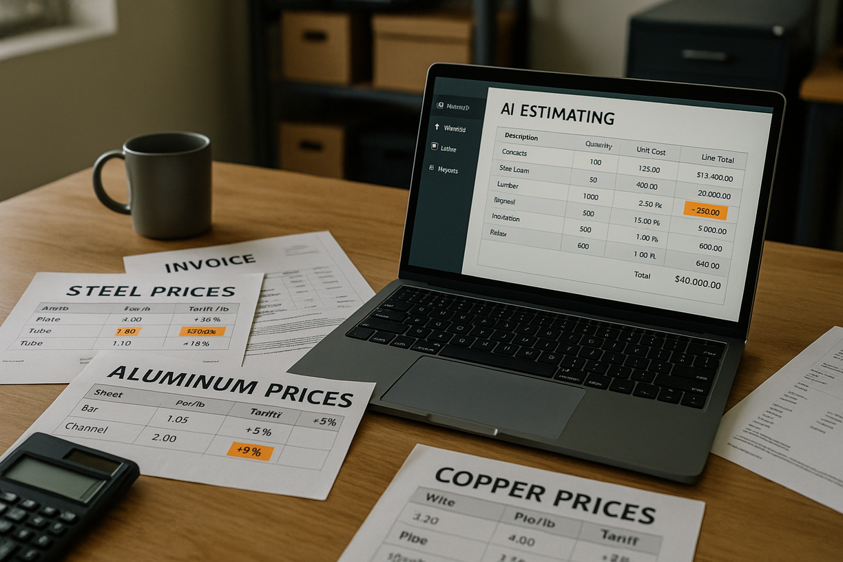 A contractor's desk with a laptop showing AI estimating software next to material price sheets for steel, aluminum, and copper, with tariff-related price increases highlighted in orange.